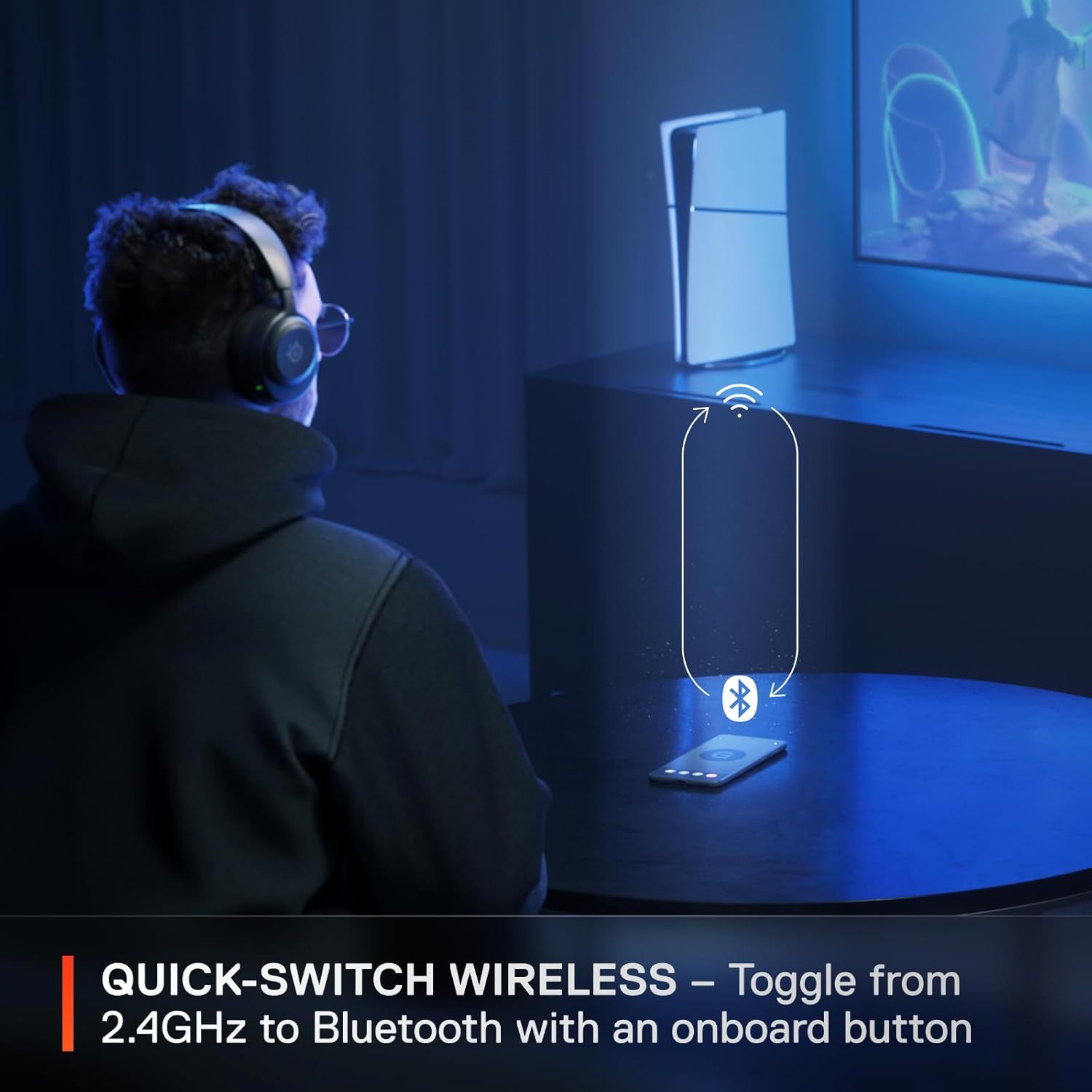 Highlights the product's ability to toggle between 2.4GHz and Bluetooth wireless modes with an onboard button, emphasizing convenience and versatility for gamers.