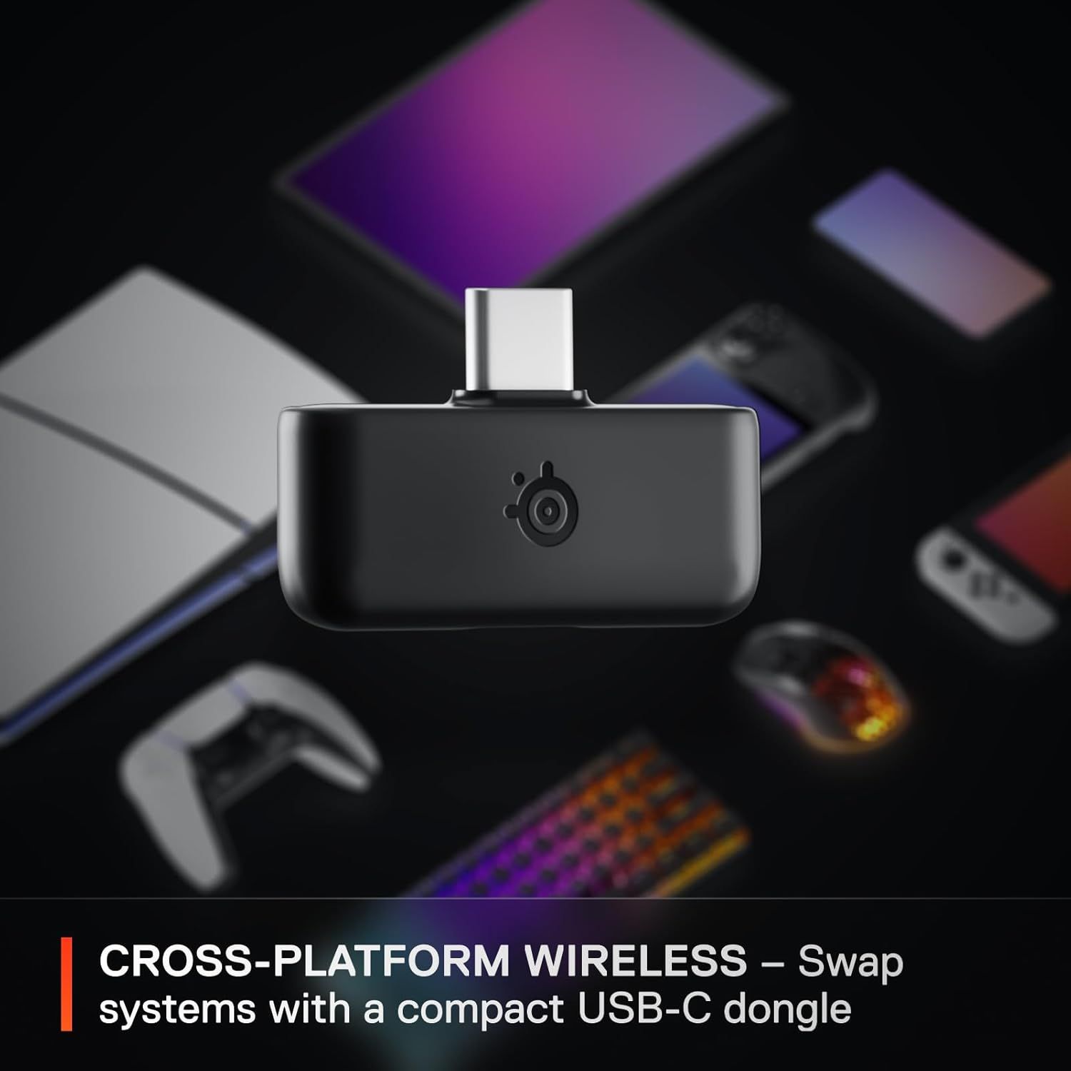 Demonstrates the product's versatility by showing it can work across multiple devices and platforms using a compact USB-C dongle, reassuring shoppers of broad compatibility. Highlights the key…