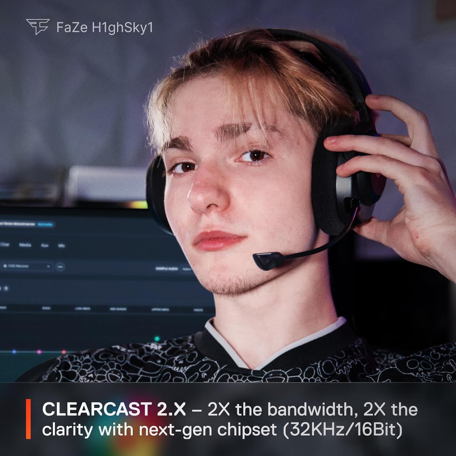 Highlights the headset's superior audio performance with quantifiable technical specifications (2X bandwidth, 2X clarity) to communicate enhanced sound quality and advanced technology to gamers.…