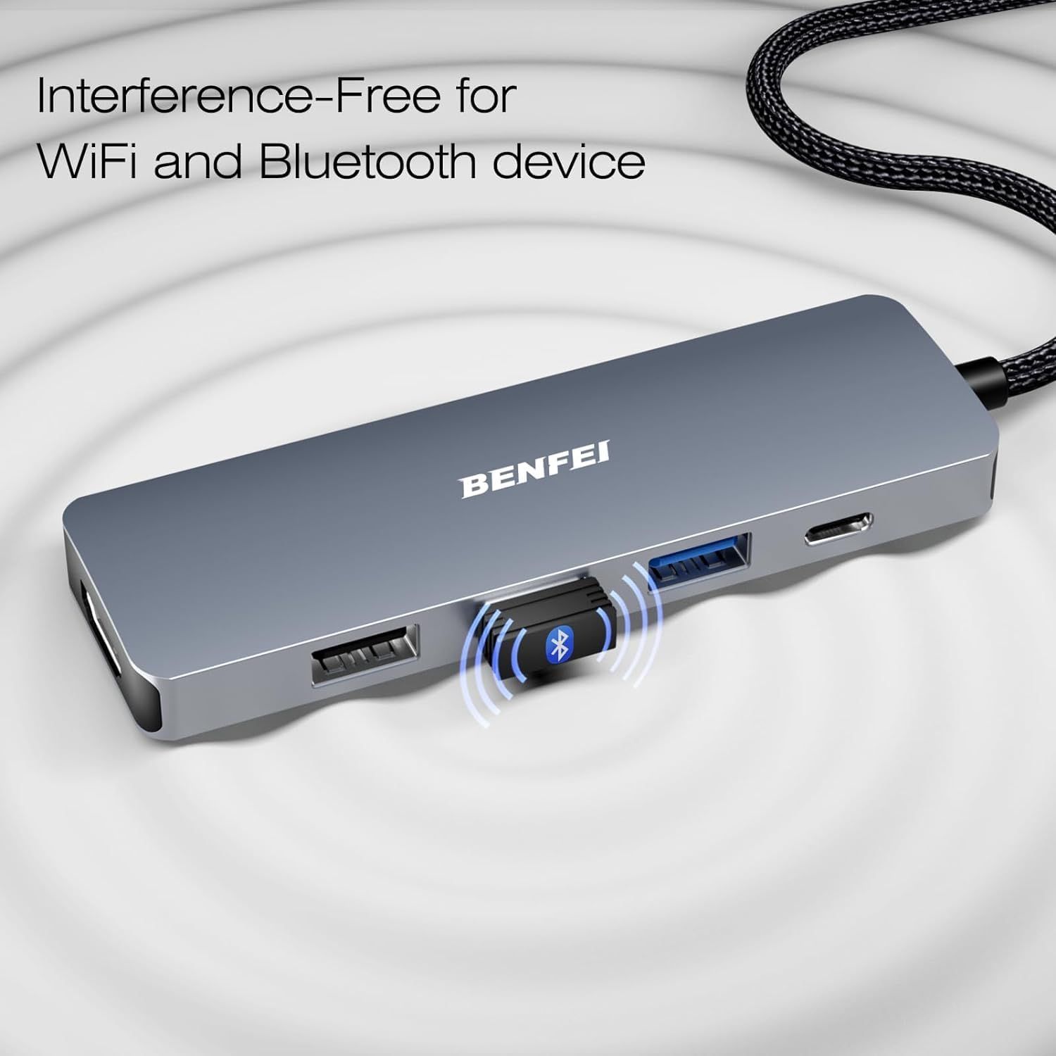 Communicates that the USB hub provides interference-free operation for WiFi and Bluetooth devices, reassuring shoppers about reliable wireless connectivity.