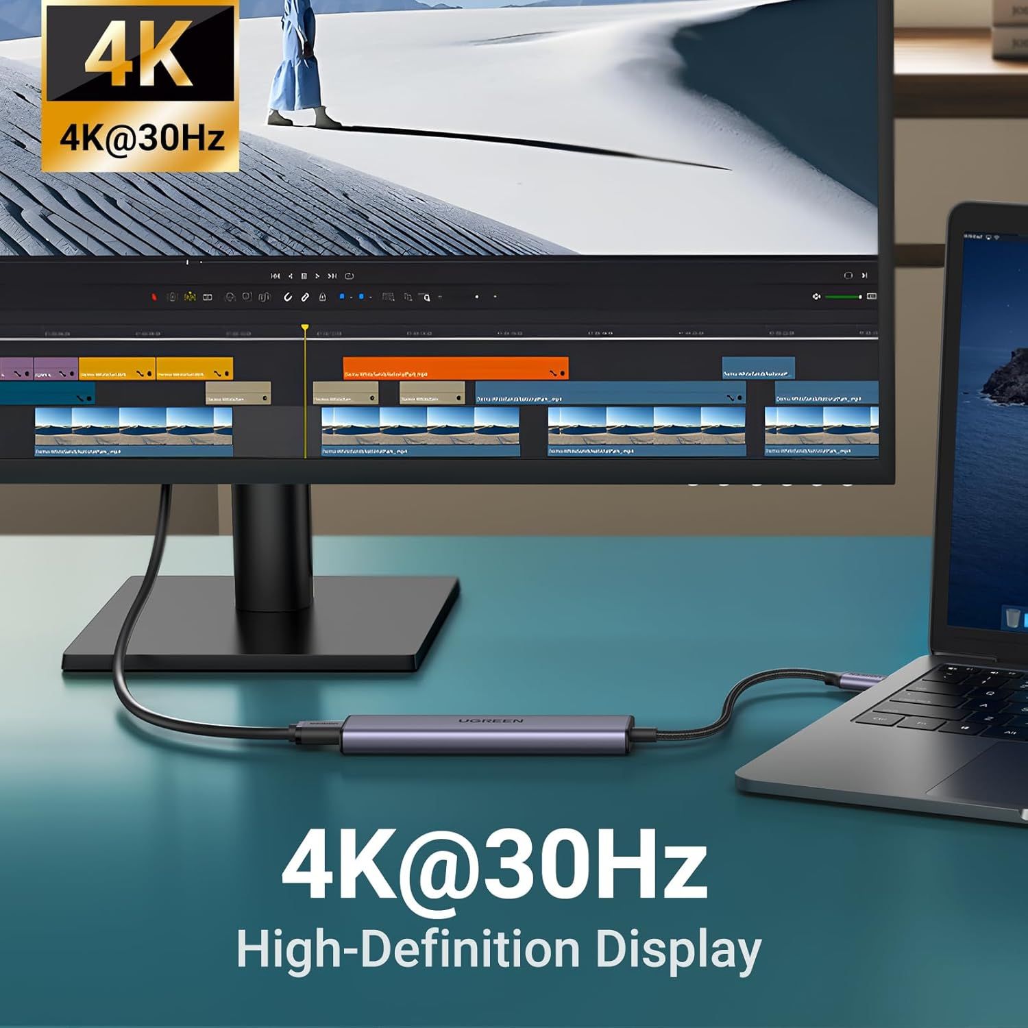 Communicates the high-definition display capability of the product, emphasizing the 4K resolution at 30Hz refresh rate to appeal to users needing quality video output for editing or viewing.…