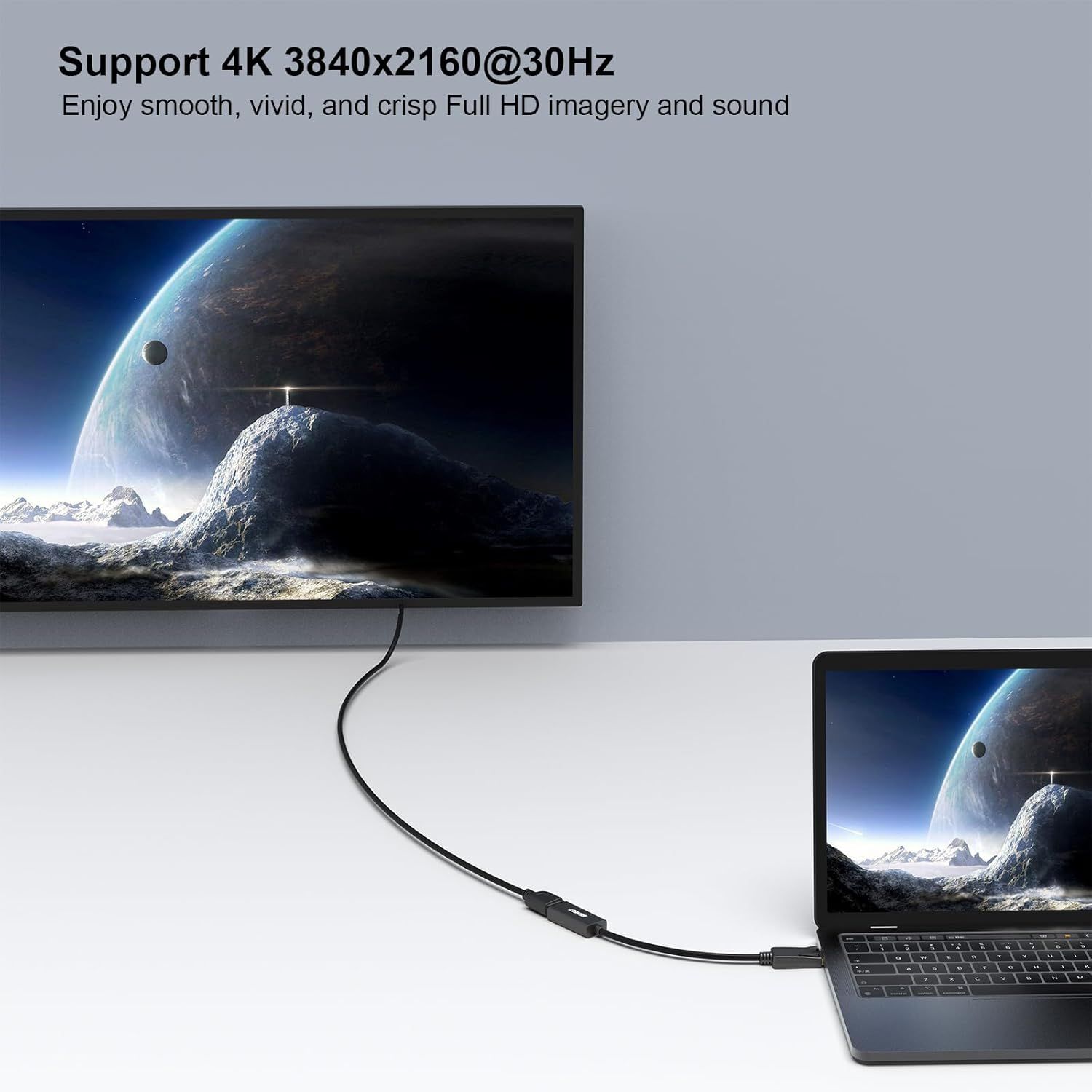 Communicates the product's high-performance video capability, emphasizing 4K resolution support to reassure shoppers they'll get smooth, vivid, and crisp Full HD imagery and sound. Demonstrates the…
