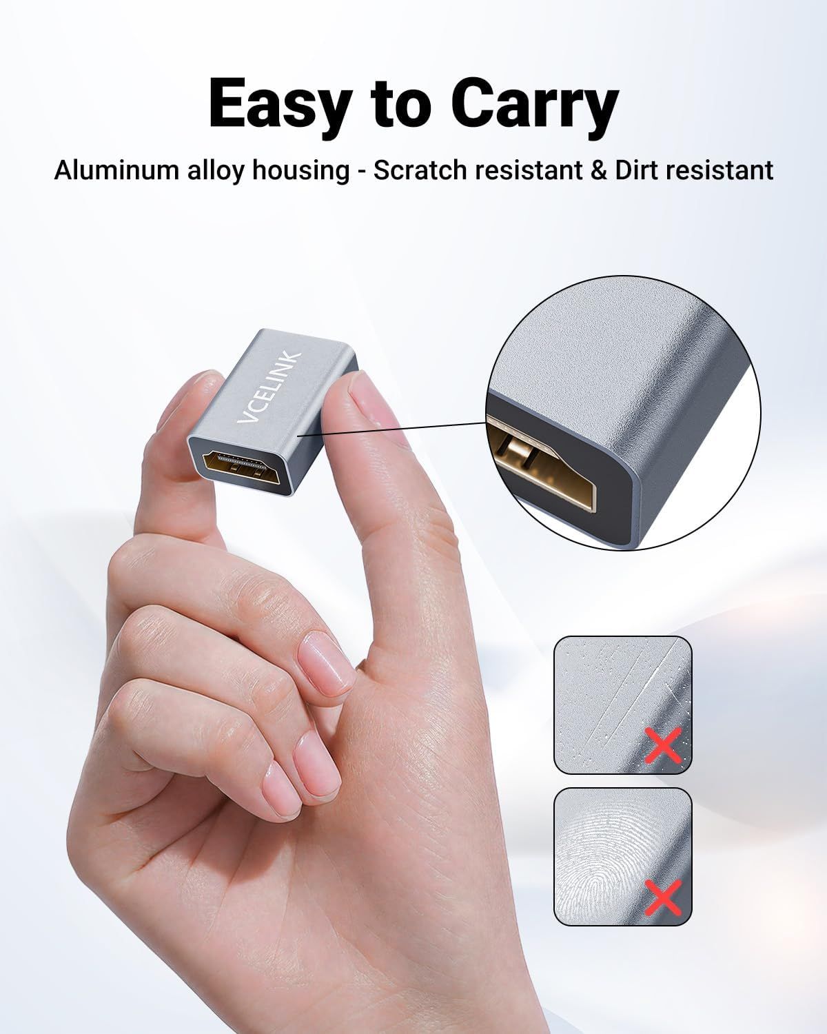 Communicates multiple product benefits including portability, durability features (scratch and dirt resistance), and premium aluminum construction through a visually segmented layout with callouts.