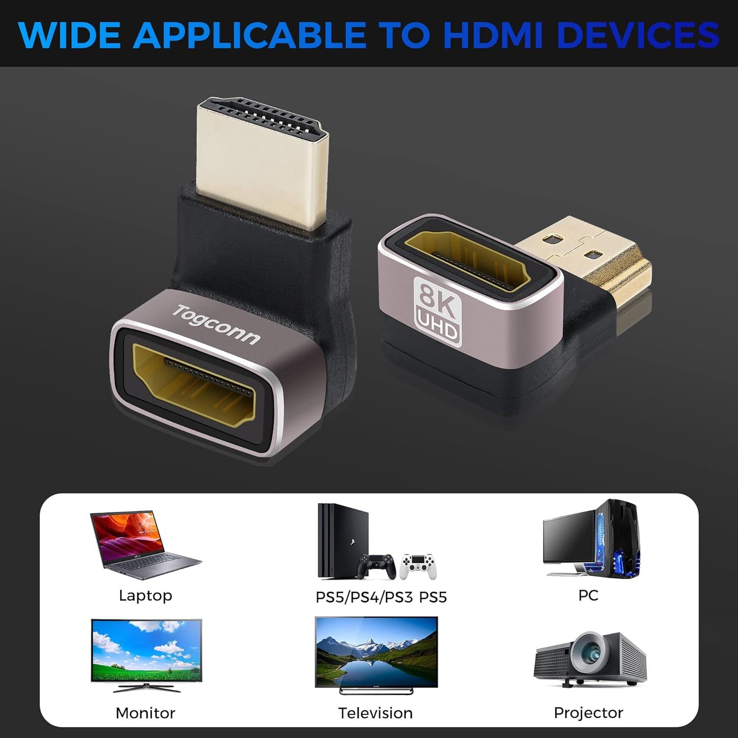 Demonstrates the wide range of devices the HDMI adapter works with, including laptops, gaming consoles, PCs, monitors, TVs, and projectors, reassuring shoppers of its versatility and broad…