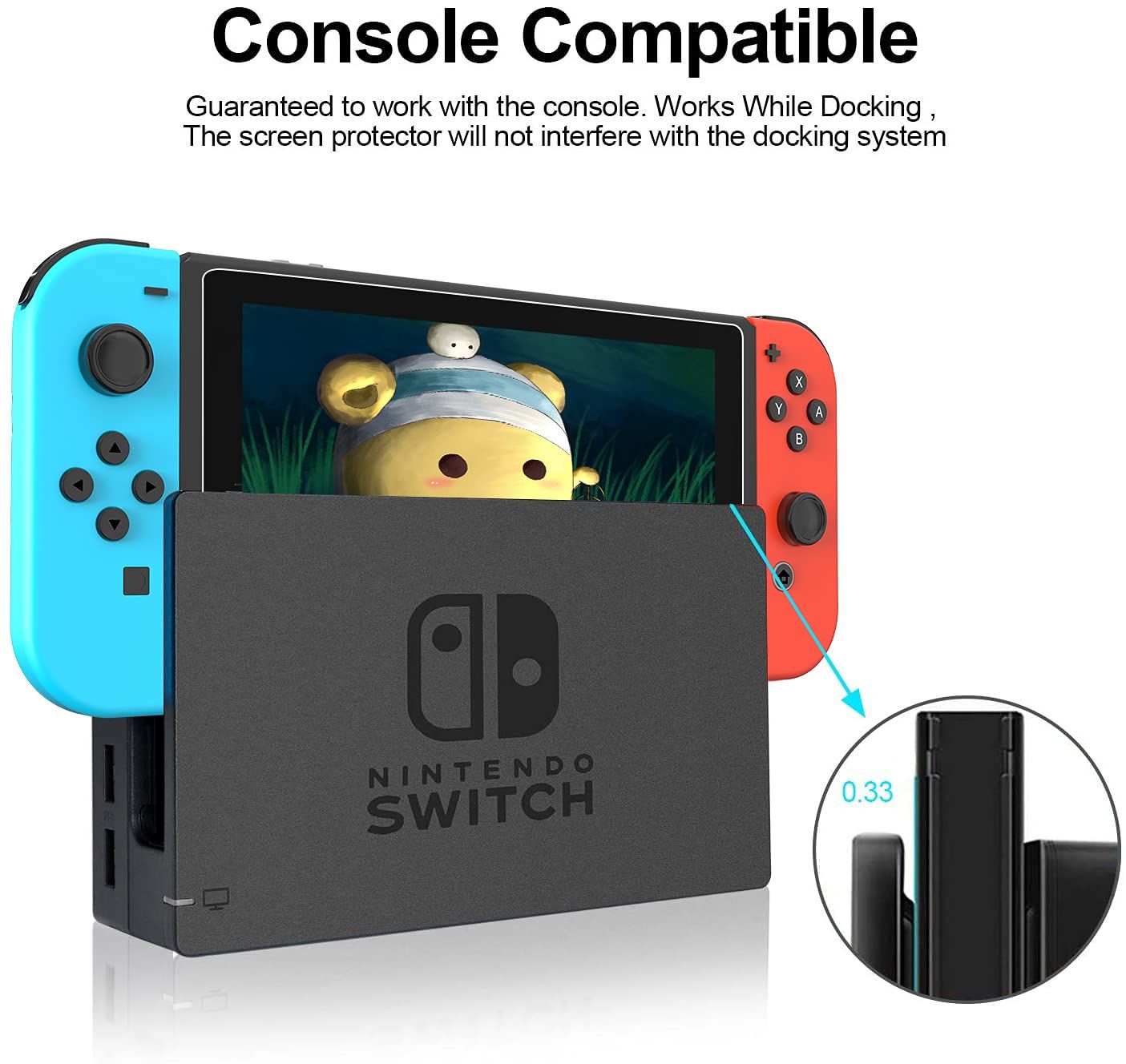 Reassures shoppers that the screen protector is fully compatible with the Nintendo Switch console and will not interfere with the docking system, addressing a…