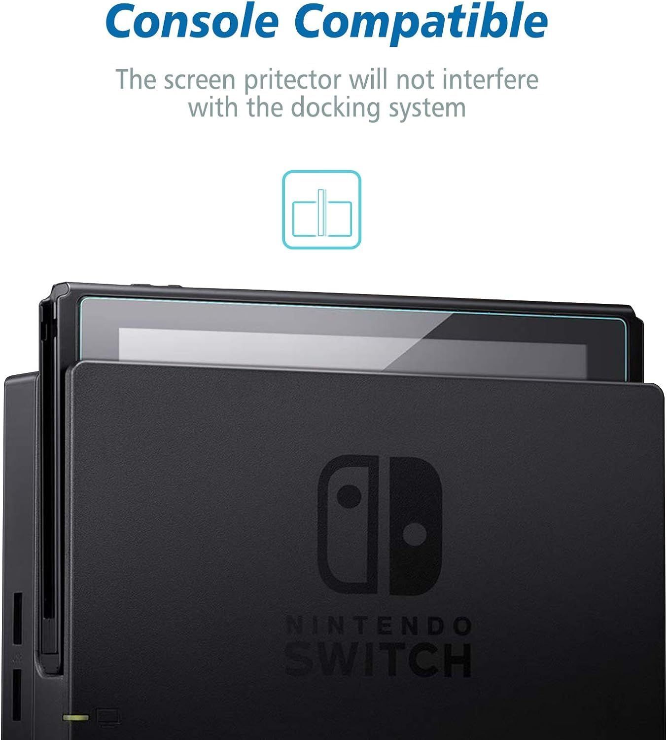 Reassures shoppers that the screen protector is designed to work seamlessly with the console's docking system without interference.