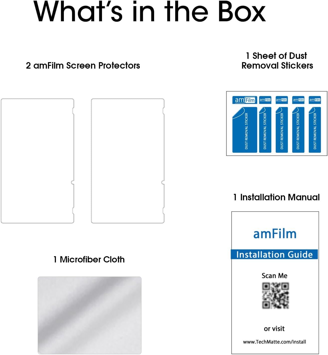Shows the customer everything included in the package: 2 screen protectors, dust removal stickers, microfiber cloth, and installation manual to reassure them they have all necessary items for…