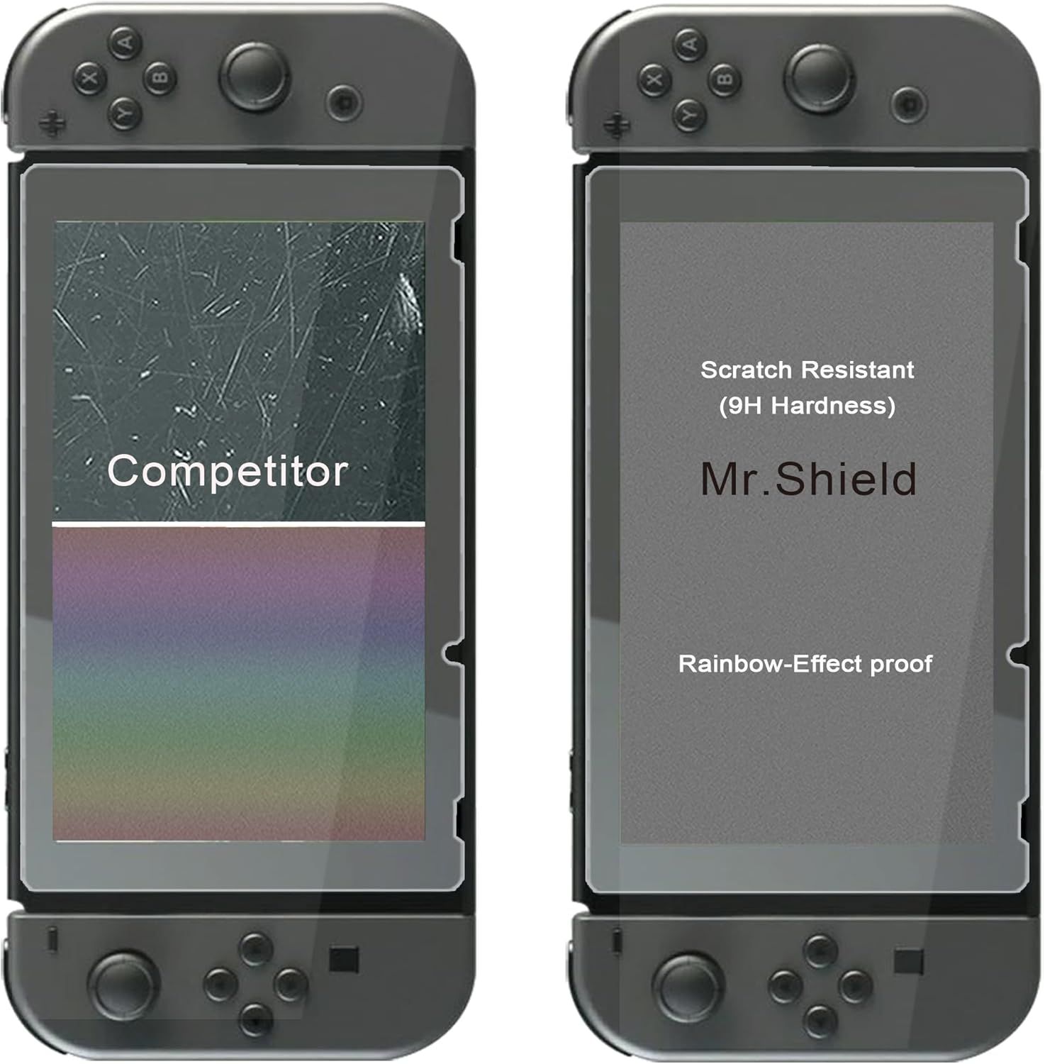 Demonstrates the superiority of Mr.Shield screen protector over a competitor by showing the competitor's scratched and rainbow-effect screen versus Mr.Shield's clean, scratch-resistant 9H hardness…
