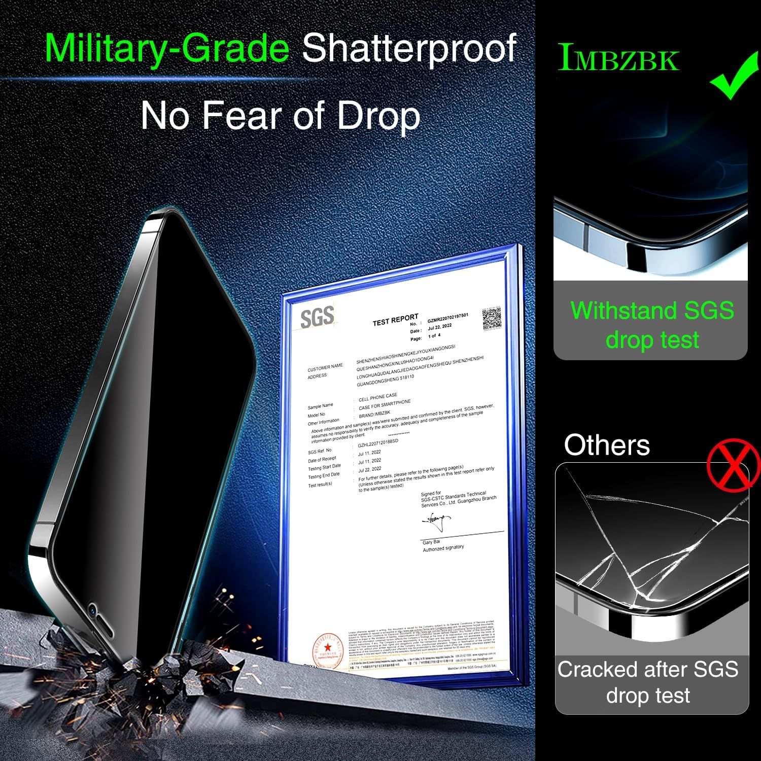 Demonstrates the product's superior drop protection by showing it withstands SGS drop testing while competitor products crack, reassuring shoppers of its durability advantage. Provides third-party…