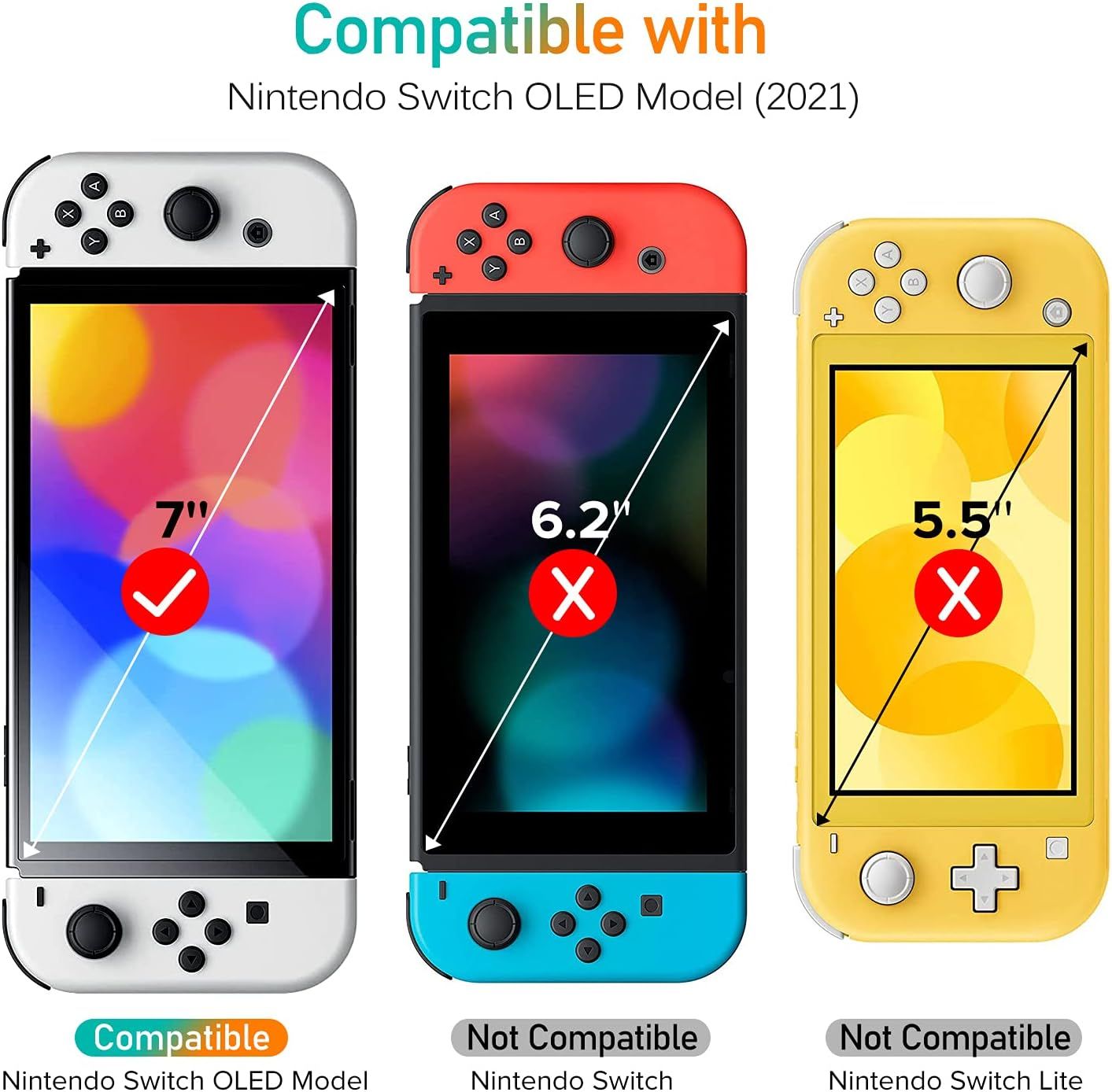 Shows which Nintendo Switch models the product is compatible with, helping shoppers confirm the product will fit their specific device before purchase.