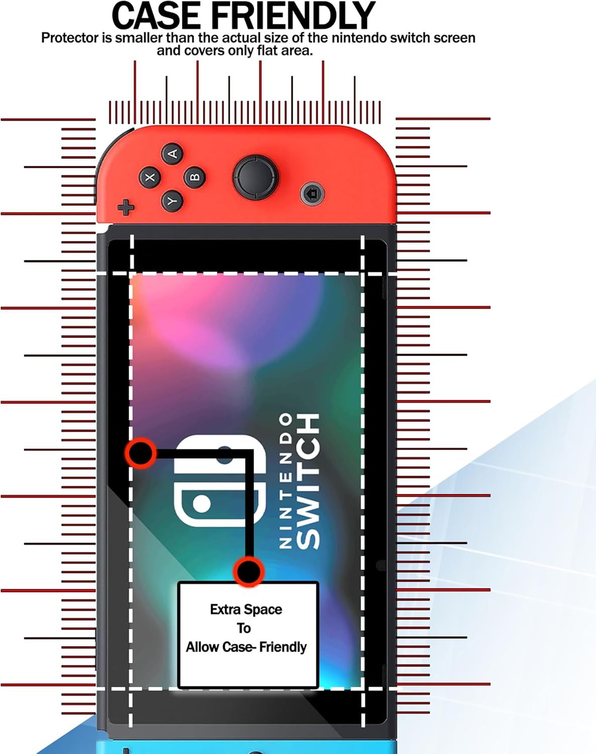 Demonstrates that the screen protector is intentionally smaller than the full screen to ensure compatibility with protective cases, addressing a common…