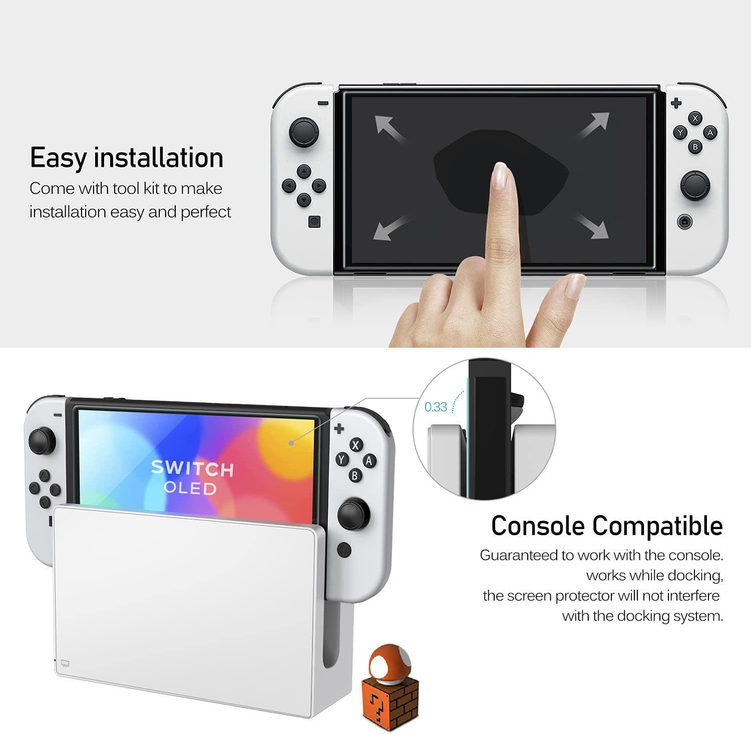 Communicates that the screen protector is easy to install with included tools and is guaranteed to work with the console docking system, reassuring shoppers about usability and compatibility.