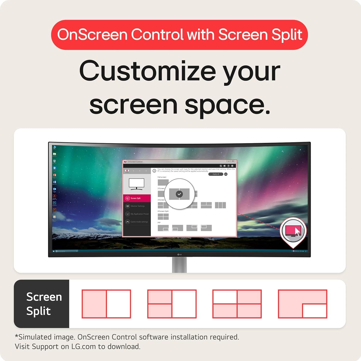Demonstrates how to use the OnScreen Control software to customize screen space with split-screen layouts, showing shoppers the product's multitasking and workspace organization capabilities.…