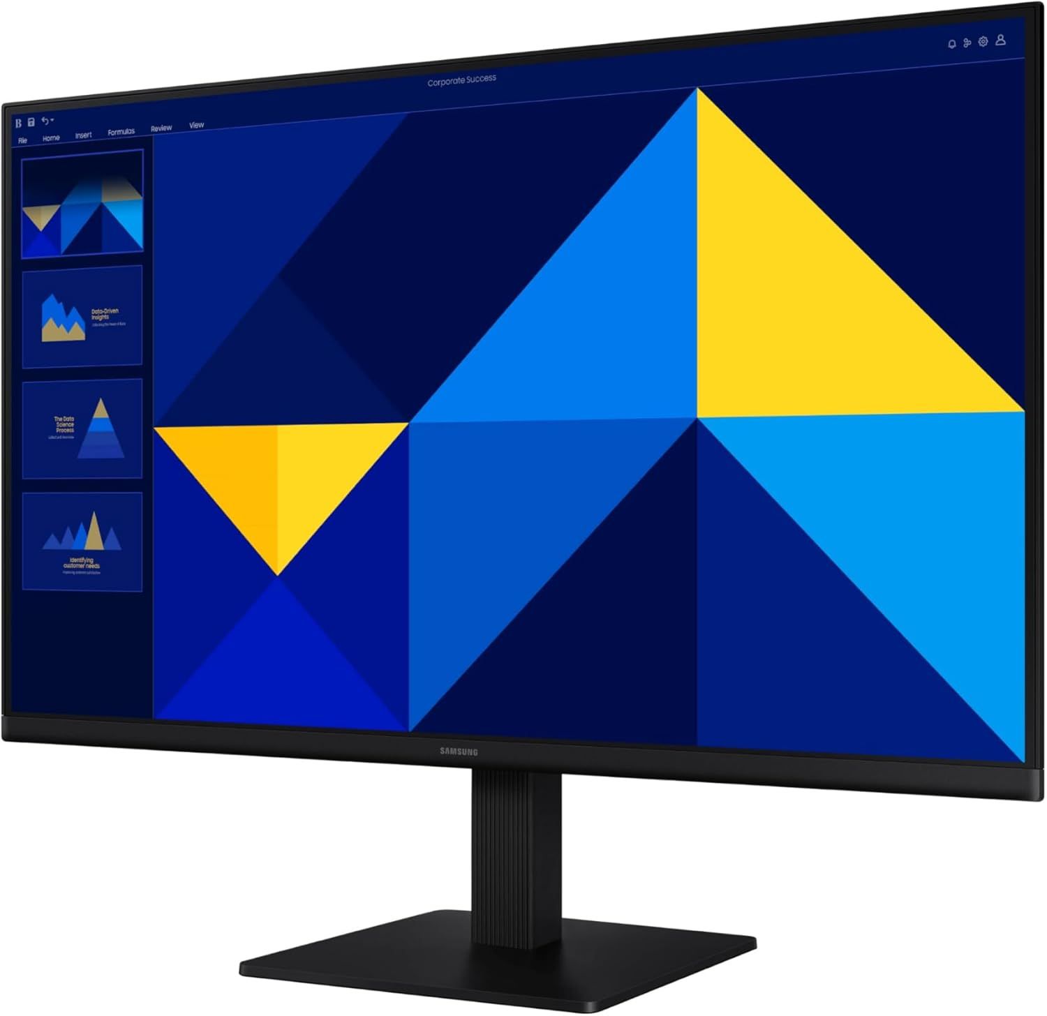Provides a clean, catalog-style view of the Samsung monitor displaying a presentation screen, allowing shoppers to see the product clearly without distractions.