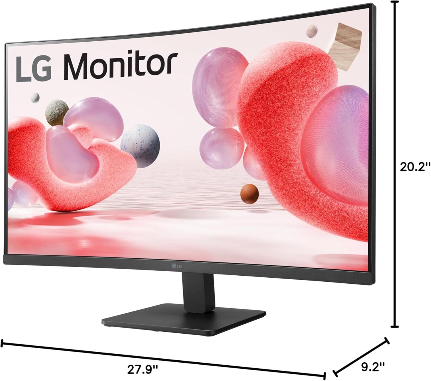 Communicates the exact physical dimensions of the monitor (27.9" width, 20.2" height, 9.2" depth) to help shoppers understand the size and footprint of the product before purchase.