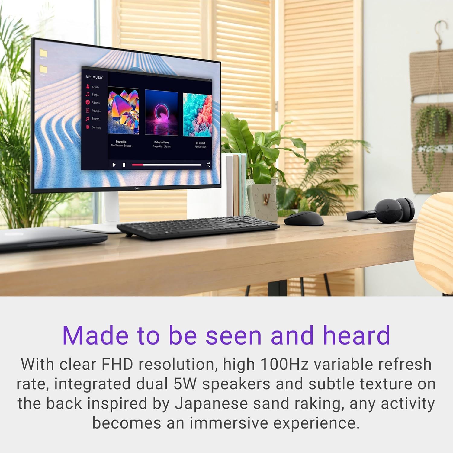 Communicates multiple technical benefits of the monitor including visual clarity, smooth refresh rate, integrated audio, and aesthetic design to position it as an immersive all-in-one solution.