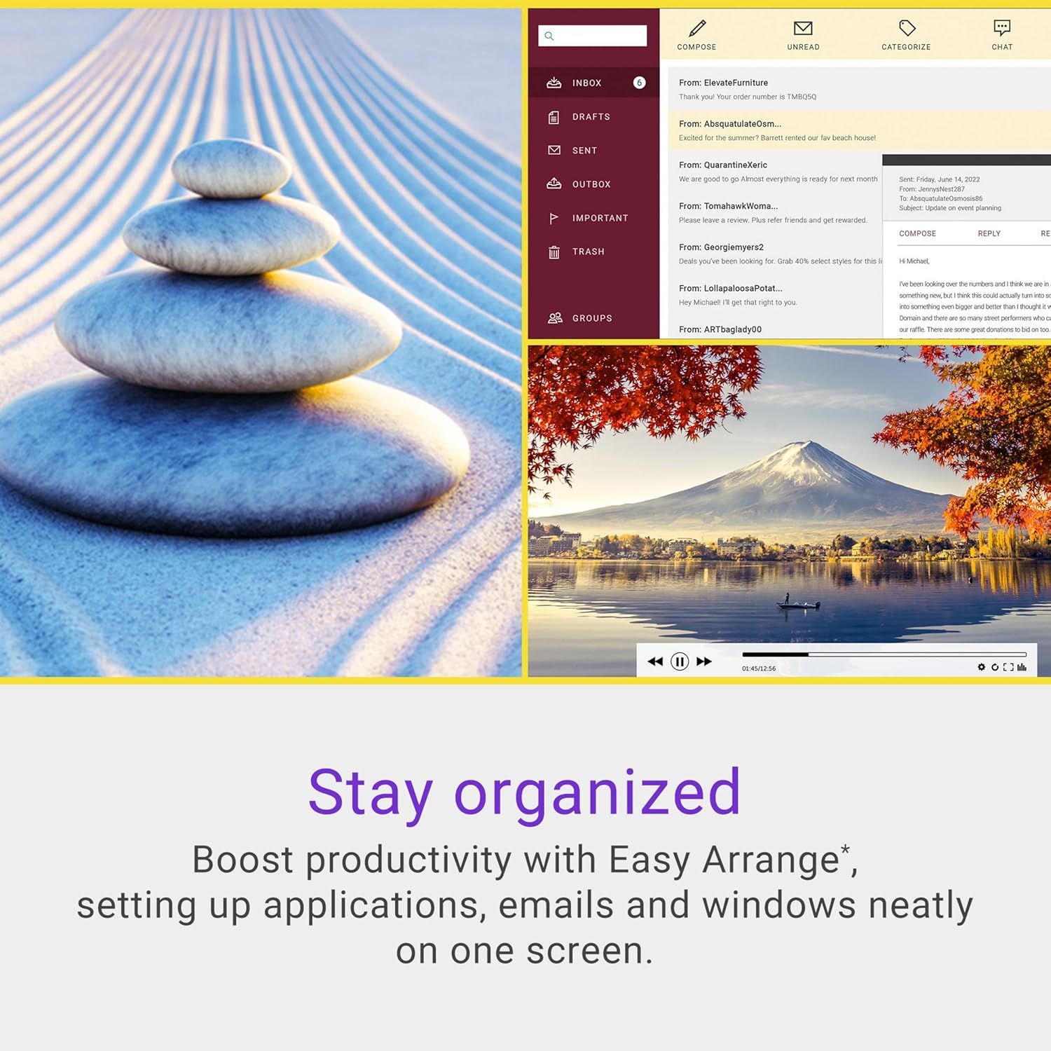 Communicates the product's ability to help users stay organized and boost productivity by arranging applications, emails, and windows efficiently on one screen.