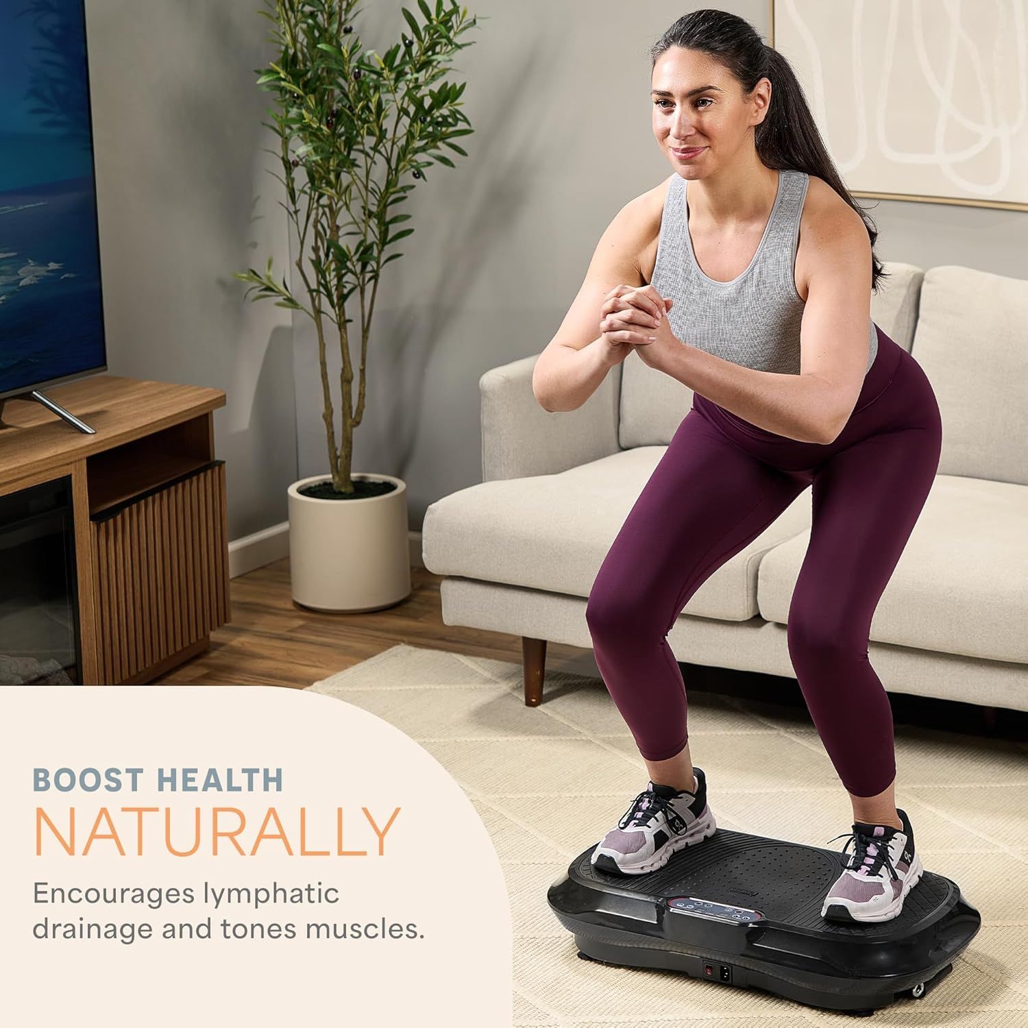 Communicates the health benefits of using the vibration platform, emphasizing natural lymphatic drainage and muscle toning to appeal to wellness-focused…