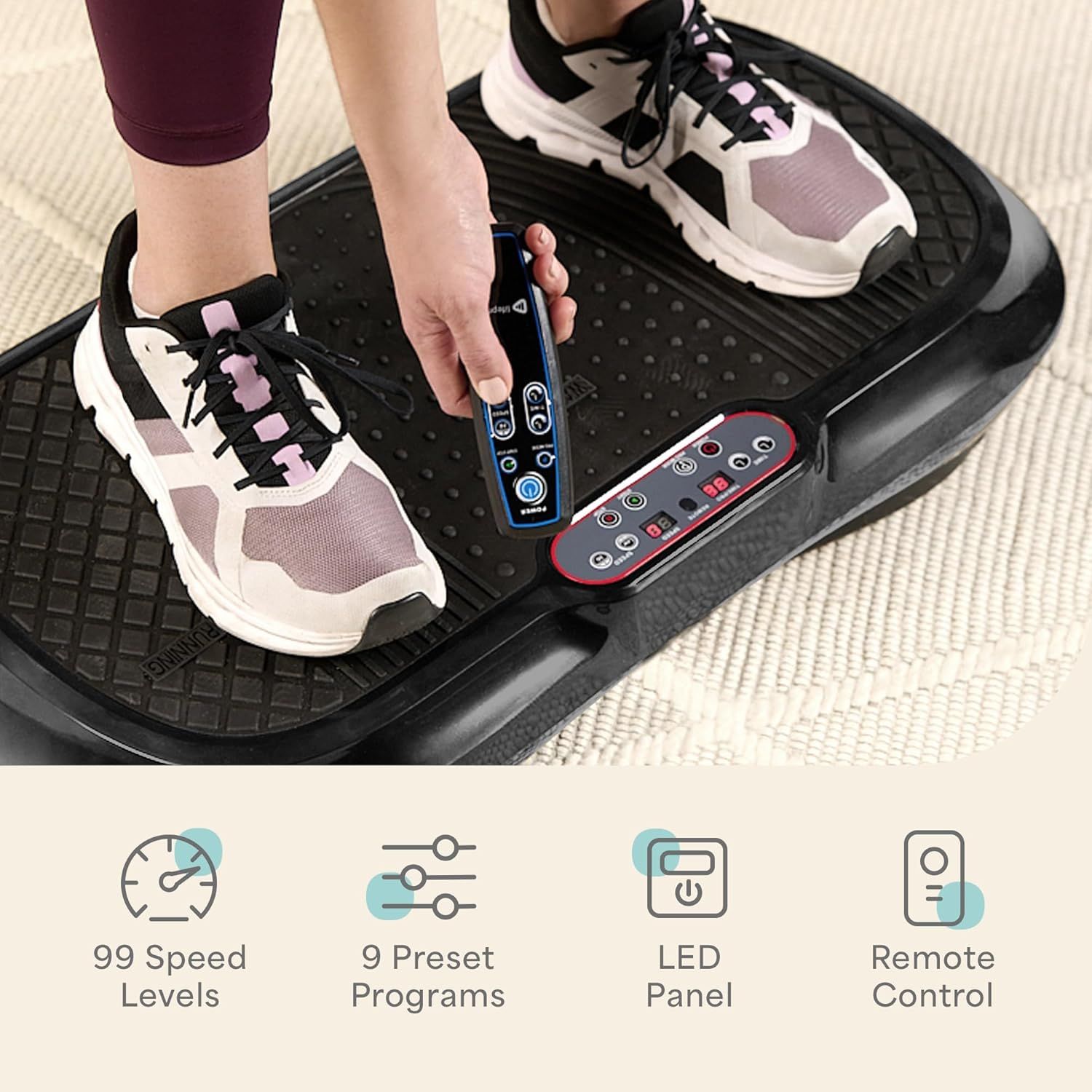 Communicates the vibration platform's versatility and ease of use by highlighting multiple key features: extensive speed customization, preset workout…