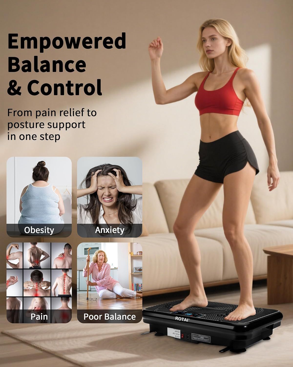 Communicates multiple health and wellness benefits of the vibration platform, showing how it addresses obesity, anxiety, pain, and poor balance to reassure…