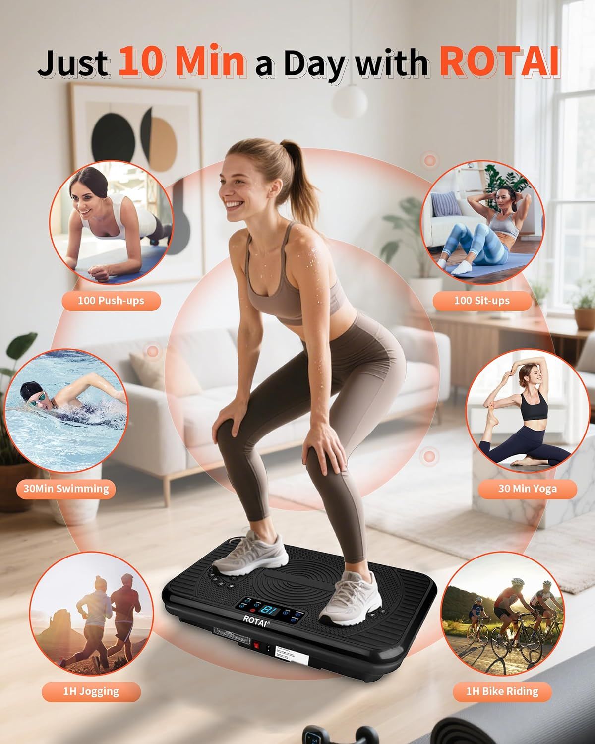 Demonstrates the versatility of the vibration platform by showing six different exercise and fitness activities that can be done in just 10 minutes a day,…