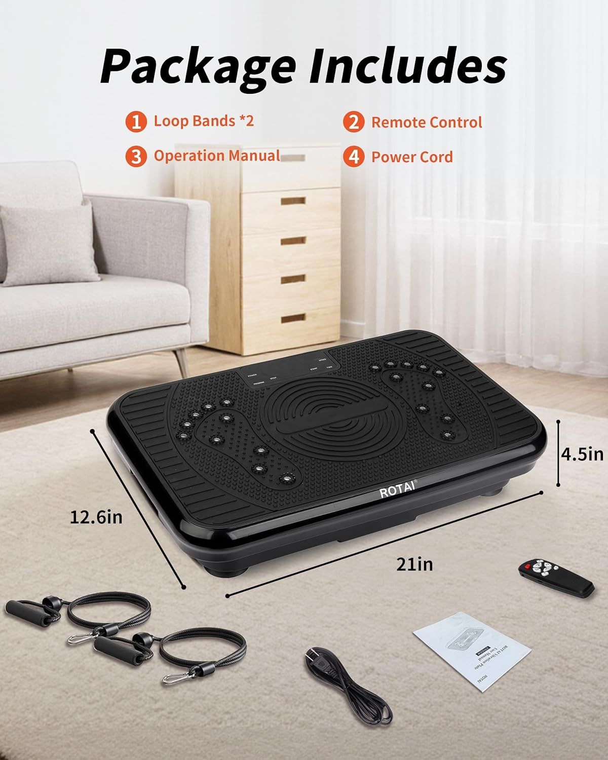 Shows the customer everything included in the purchase: the vibration plate, remote control, loop bands, operation manual, and power cord to set clear…