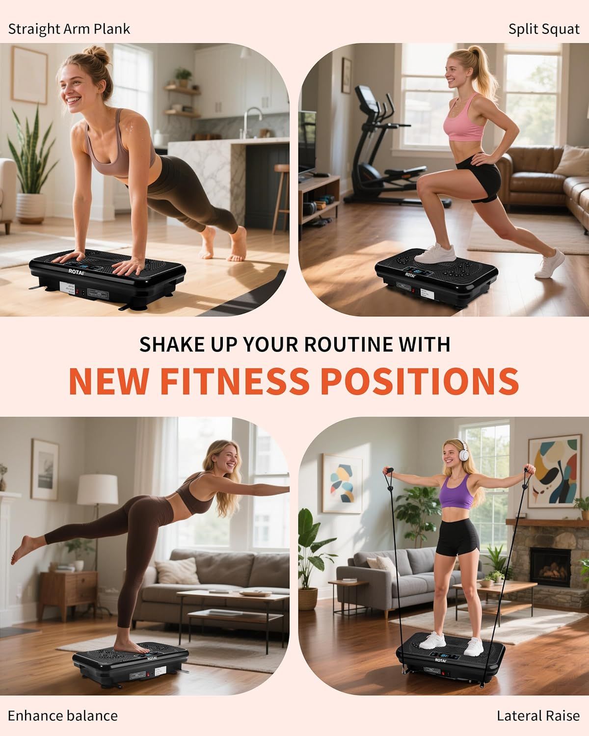 Demonstrates the product's versatility by showing four different exercise positions (straight arm plank, split squat, balance enhancement, lateral raise) that…