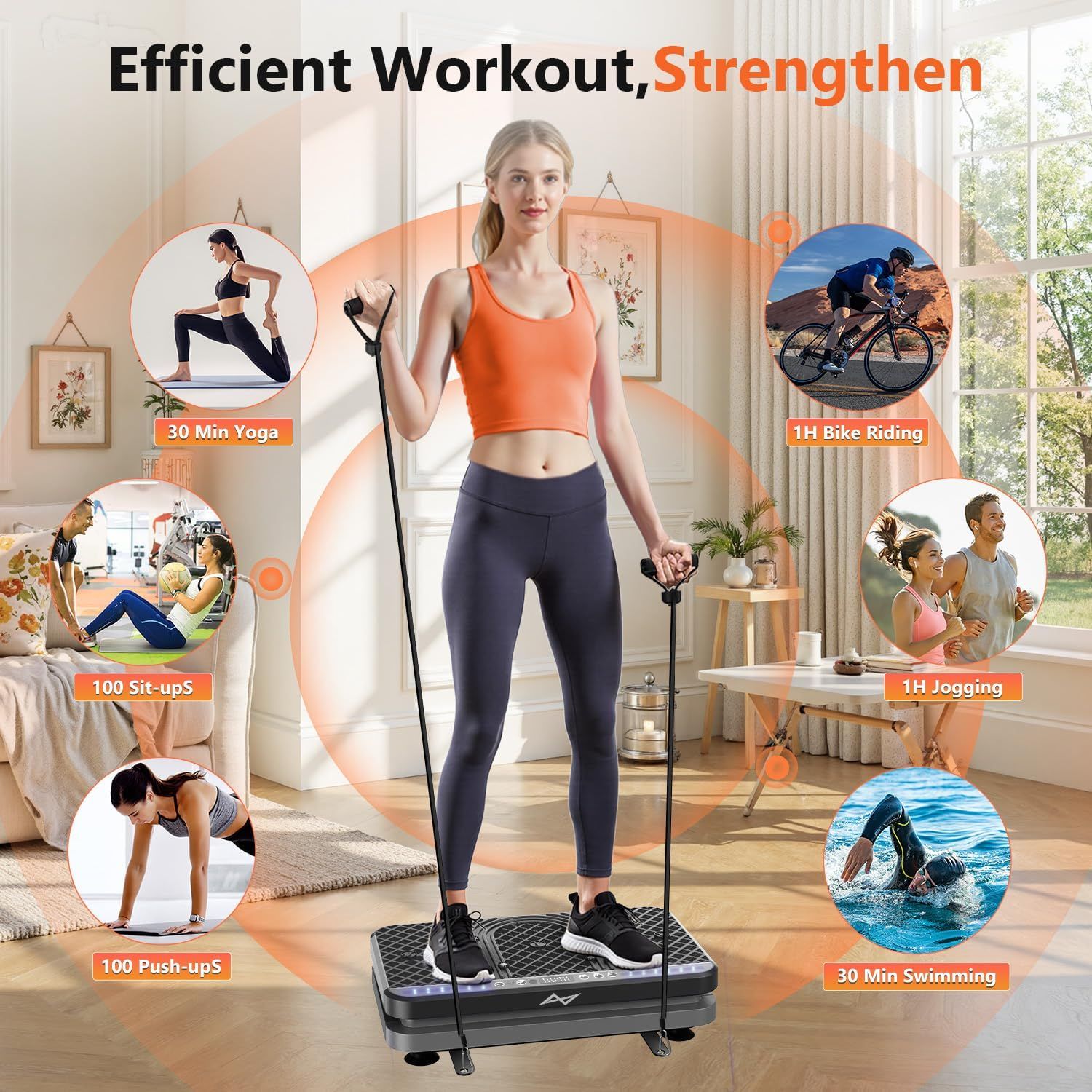 Demonstrates the product's versatility by showing six different workout applications (yoga, sit-ups, push-ups, bike riding, jogging, swimming) that can be…