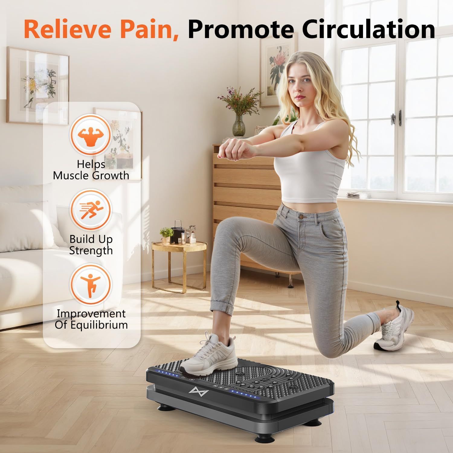 Communicates multiple health and fitness benefits of the vibration platform, including pain relief, circulation promotion, muscle growth, strength building,…