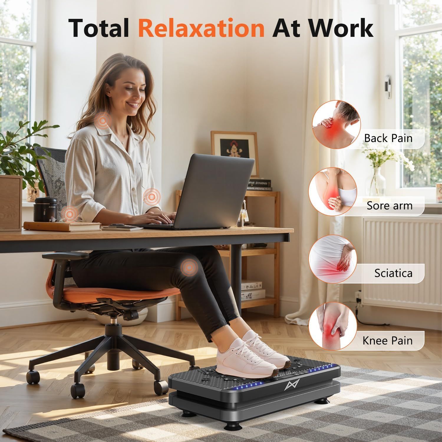 Demonstrates multiple pain relief benefits of the product (likely a vibration platform or foot massager) by showing how it addresses back pain, sore arm,…