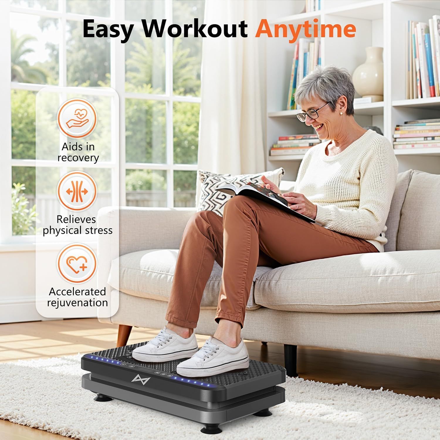 Communicates multiple health and wellness benefits of using the vibration plate, emphasizing recovery, stress relief, and rejuvenation to appeal to shoppers…