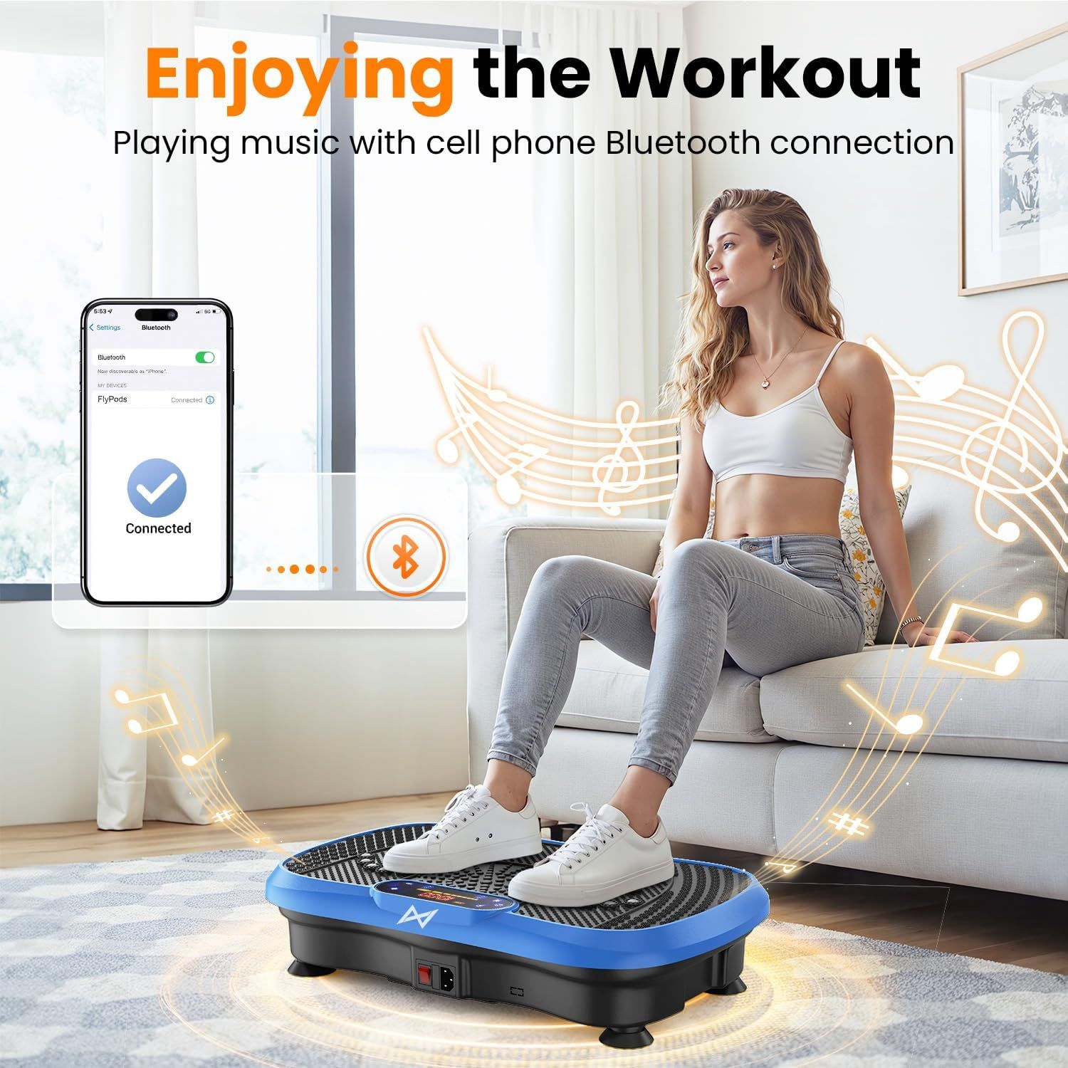 Demonstrates the product's use in a workout/fitness environment with Bluetooth music connectivity, showing shoppers how the vibration plate integrates into…