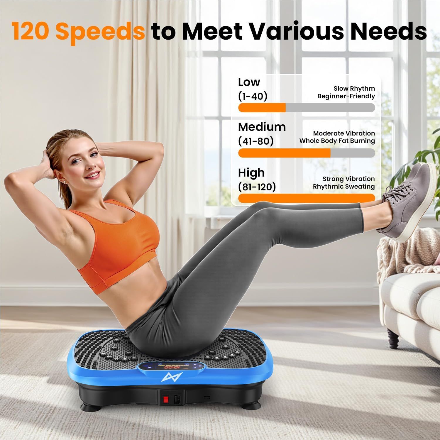 Communicates the product's versatility by highlighting 120 different speed settings that accommodate users from beginners to advanced fitness levels, reassuring shoppers that the vibration plate can…