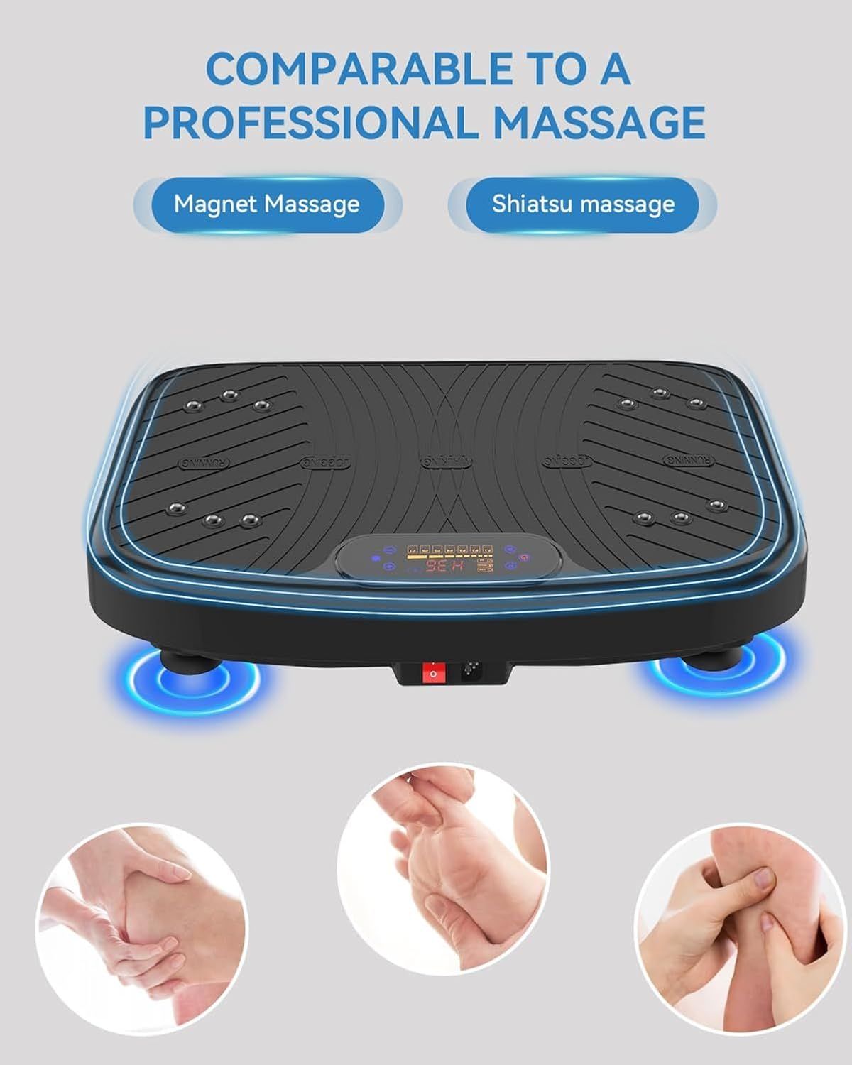 Communicates that the vibration platform offers multiple professional-grade massage modes (magnet and shiatsu) to reassure shoppers of its therapeutic quality…