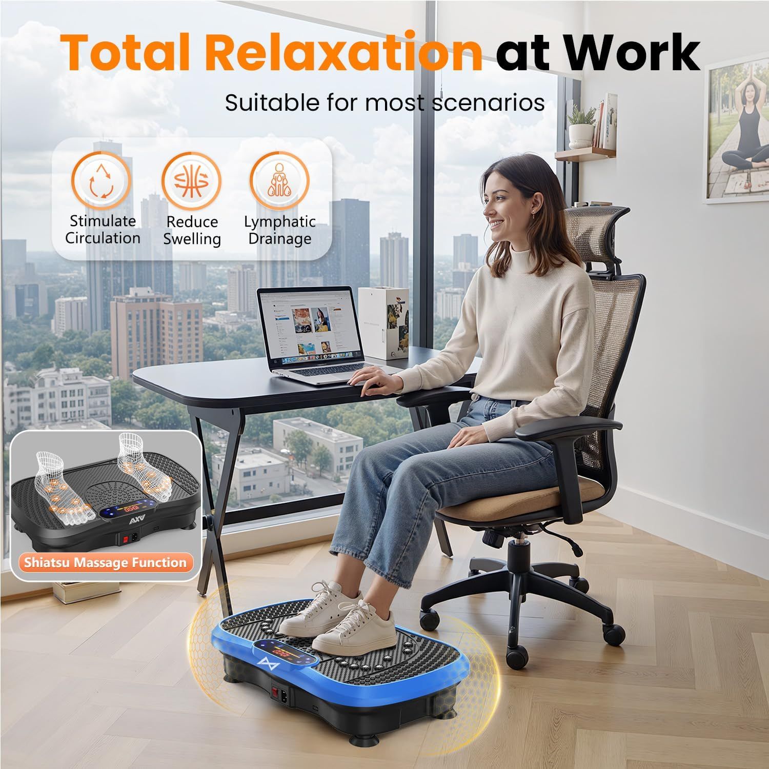 Communicates multiple health benefits of the foot massager (circulation, swelling reduction, lymphatic drainage) while showing its use in a work-from-home…