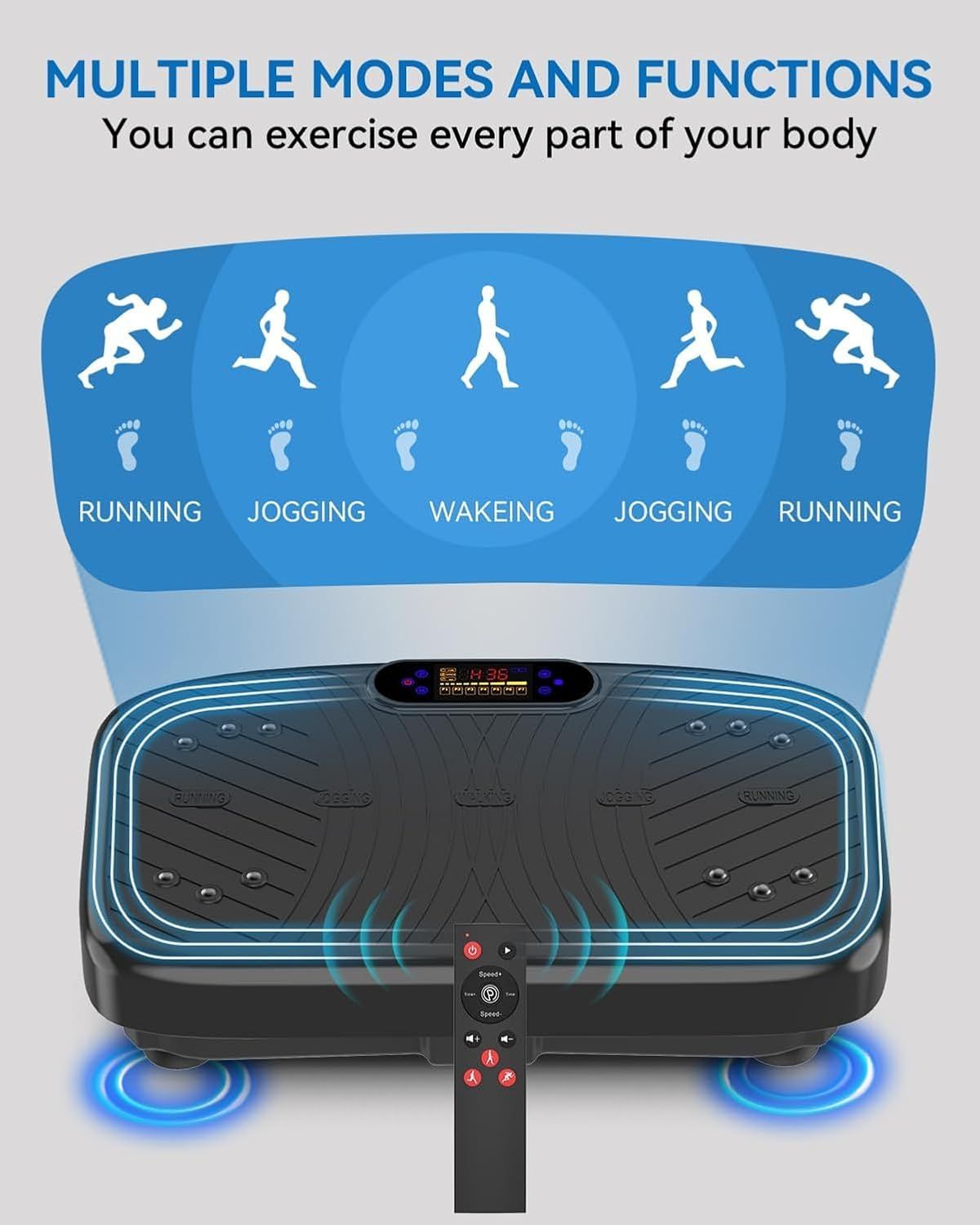 Demonstrates the product's versatility by showing multiple exercise modes and functions, reassuring shoppers that this vibration plate can accommodate…
