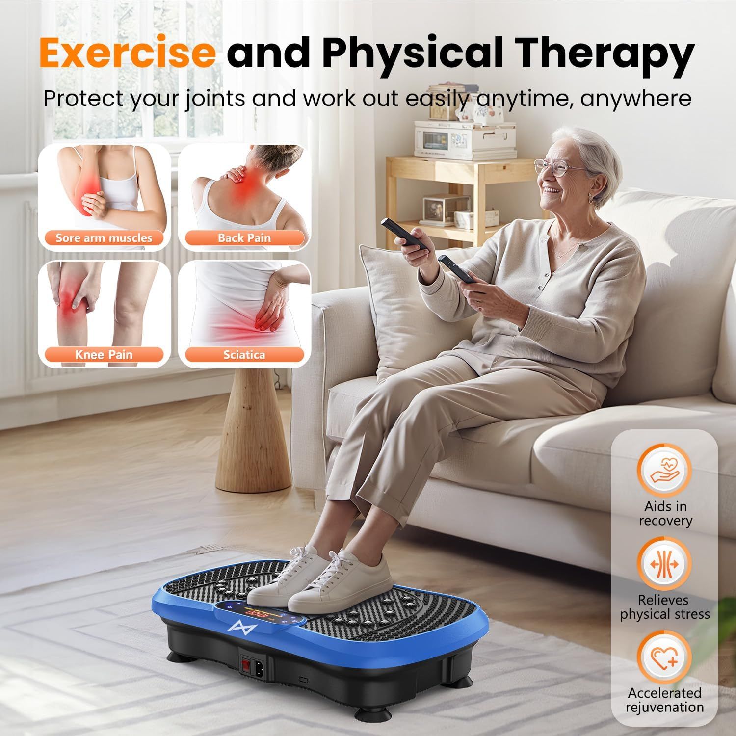 Demonstrates the product's versatility by showing it can be used for multiple pain relief scenarios (sore arm muscles, back pain, knee pain, sciatica) and…
