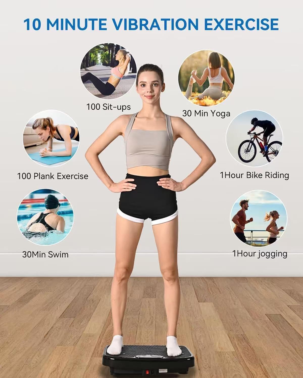 Demonstrates that 10 minutes on this vibration exercise platform is equivalent to various longer traditional workouts, emphasizing time-saving efficiency and workout effectiveness.