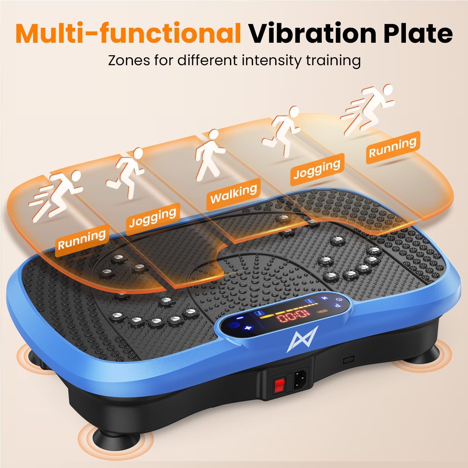 Explains the different zones on the vibration plate designed for varying workout intensities (running, jogging, walking), helping shoppers understand how to…