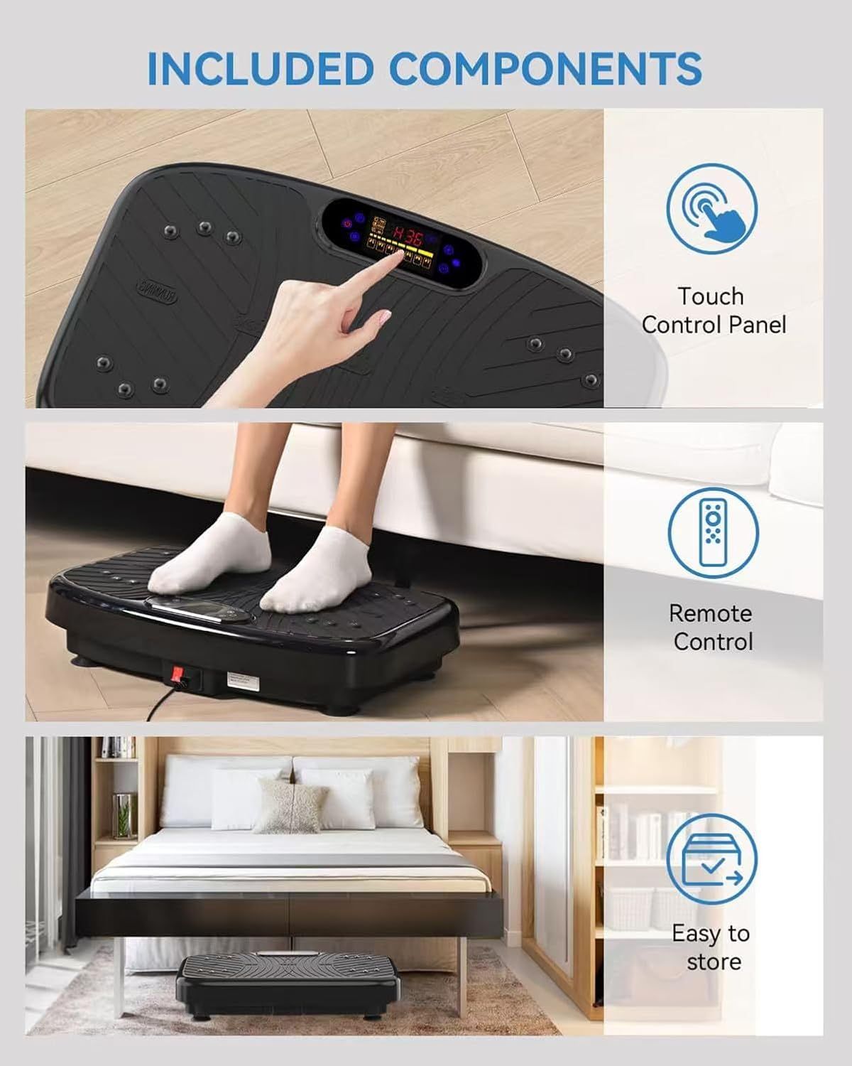 Shows shoppers everything included with the vibration plate purchase—touch control panel, remote control, and emphasizes compact storage—to communicate…