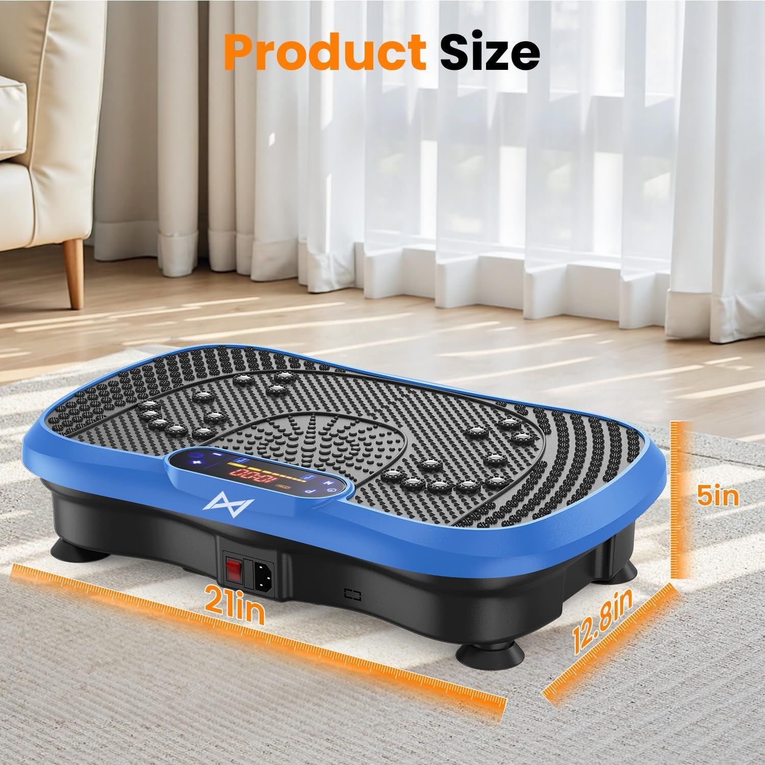 Communicates the exact physical dimensions of the vibration plate to help shoppers understand if it will fit in their space and meet their size requirements.