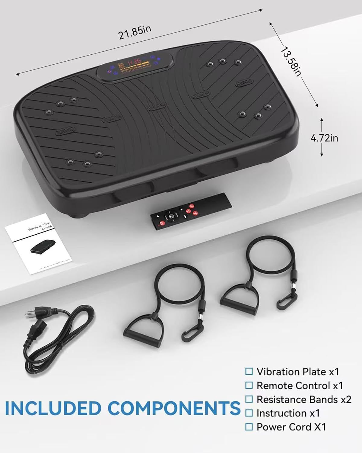 Shows the customer everything included in the package: the vibration plate, remote control, resistance bands, instruction manual, and power cord to set clear…