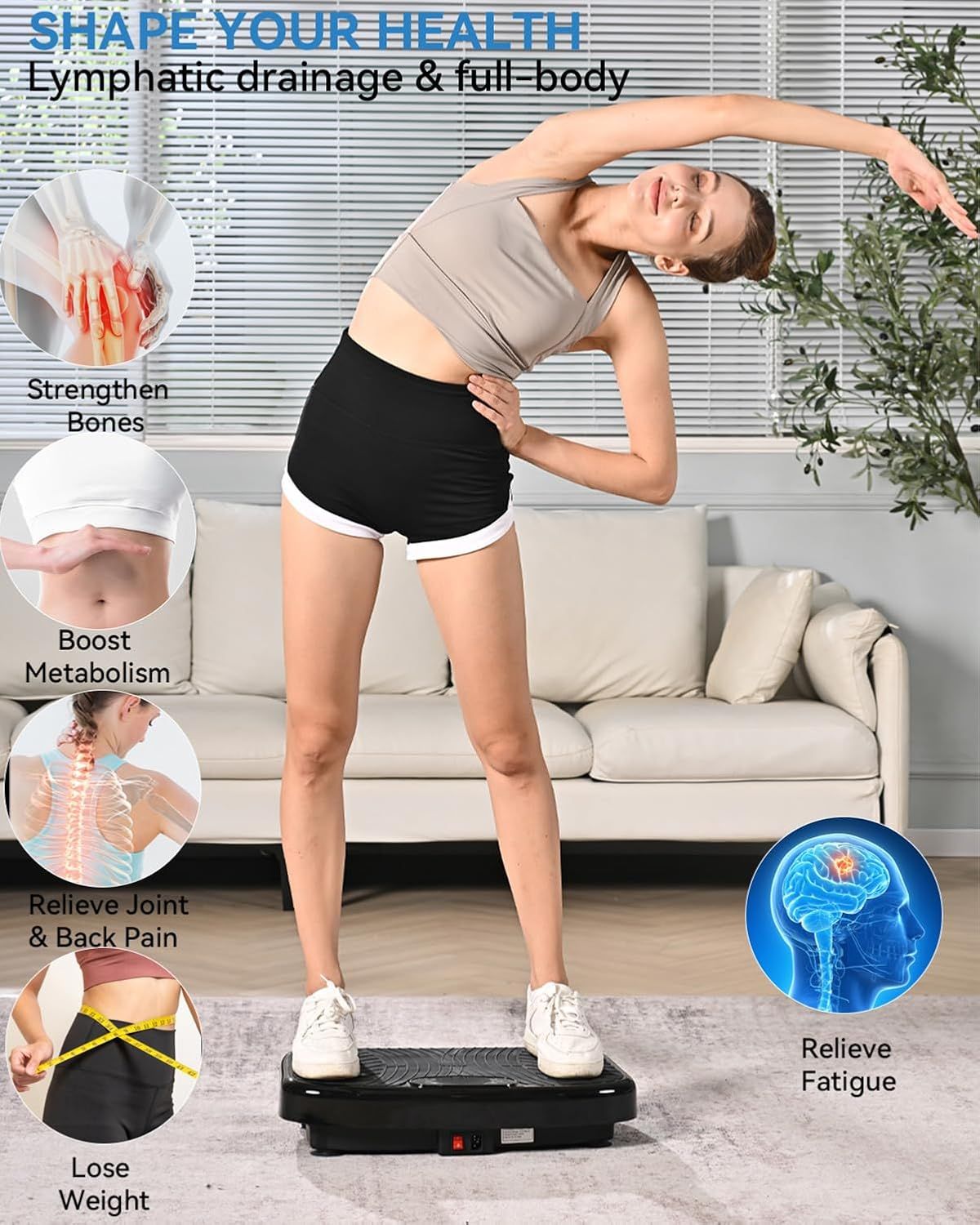Communicates multiple health and fitness benefits of using the vibration platform, including weight loss, pain relief, bone strengthening, and metabolic boost…