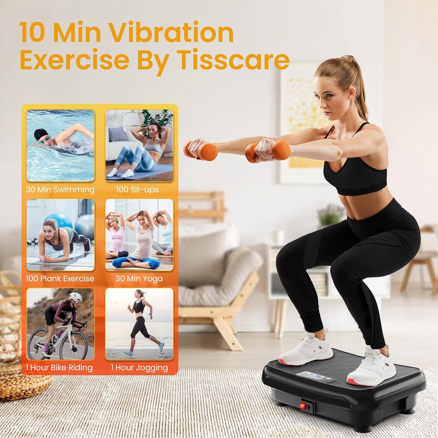 Demonstrates that 10 minutes of vibration exercise on this platform equals significantly longer durations of traditional exercises (30 min swimming, 100 sit-ups, 100 planks, 30 min yoga, 1 hour…