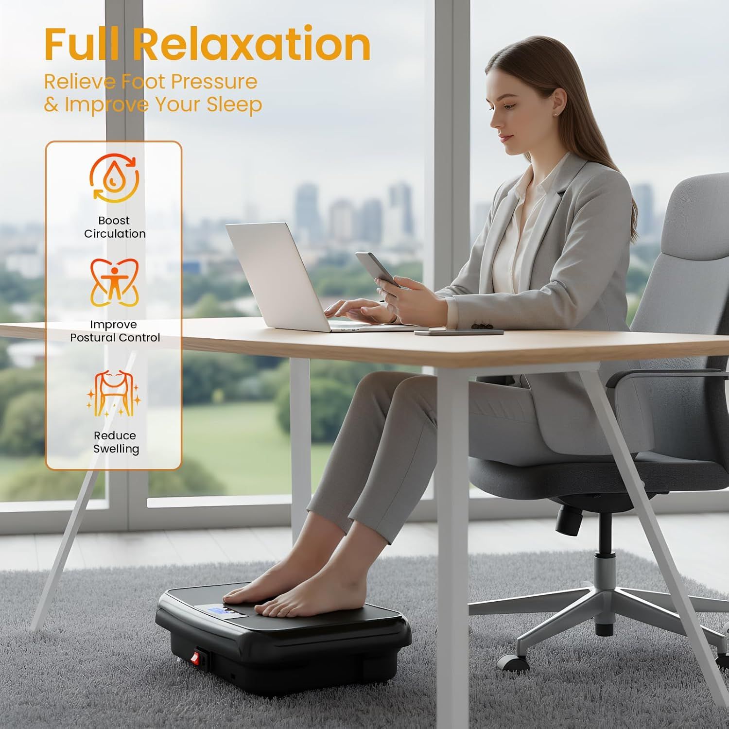 Communicates multiple health and wellness benefits of the foot massager product in a segmented layout, showing how it addresses circulation, posture,…
