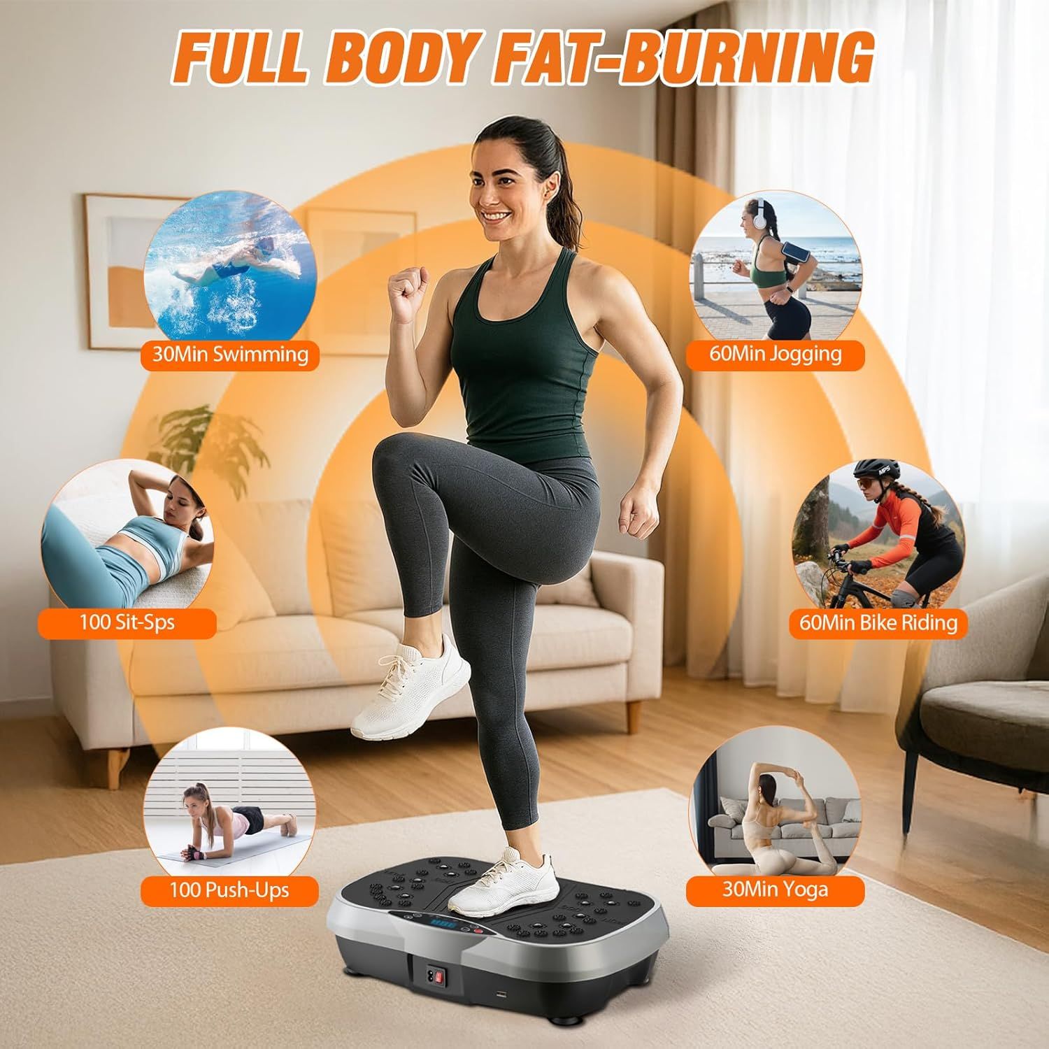 Demonstrates the versatility of the vibration platform by showing it can replace or match multiple different workout activities (swimming, jogging, sit-ups,…