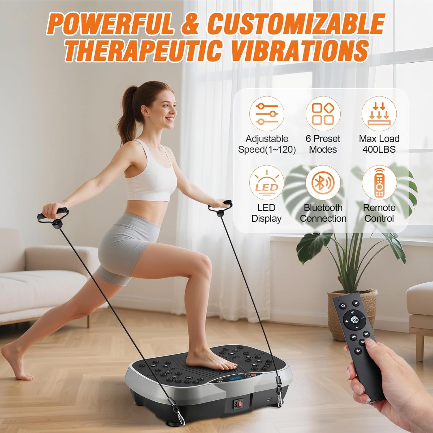 Communicates the comprehensive feature set of the vibration plate, highlighting its customizability, capacity, and smart connectivity to reassure shoppers of…