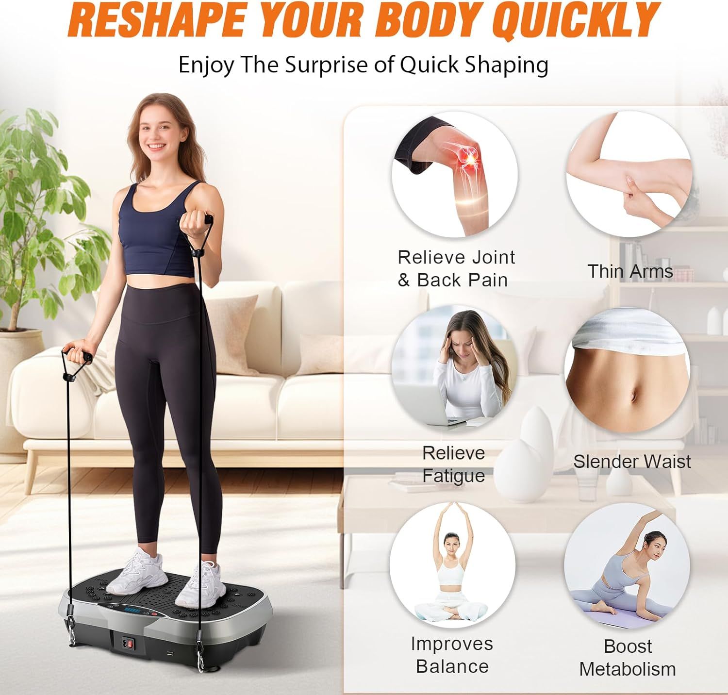 Showcases six distinct health and fitness benefits of the vibration platform to demonstrate its versatility and comprehensive body-shaping capabilities.