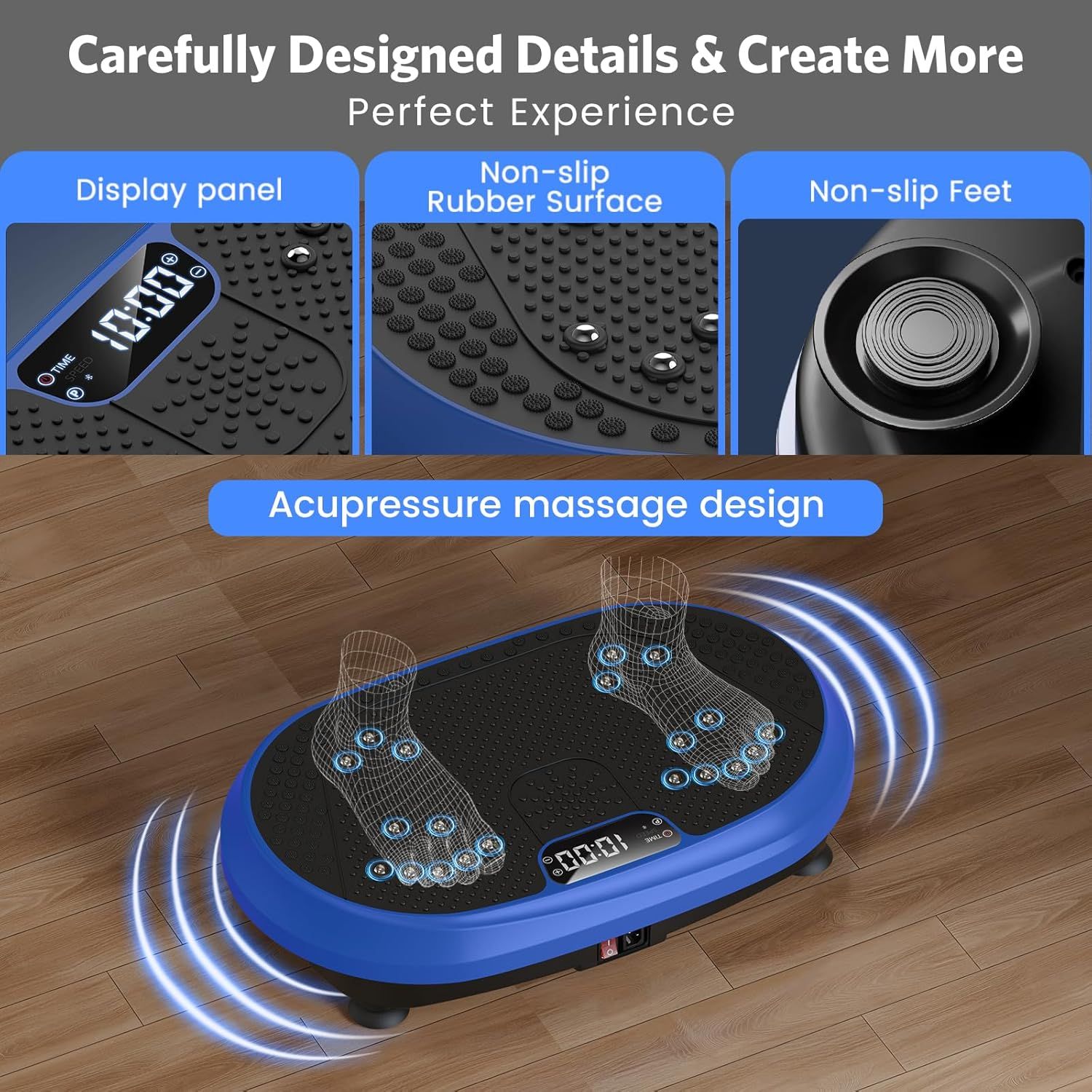 This image breaks down the key physical components and design features of the vibration plate to help shoppers understand the product's construction and…