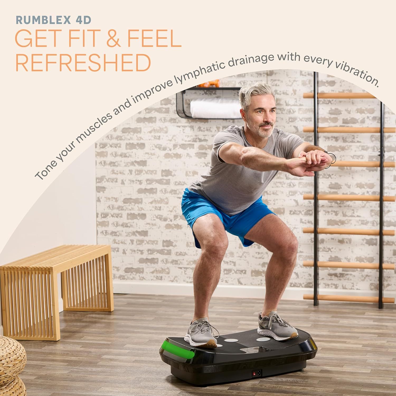 Communicates the product's ability to tone muscles and improve lymphatic drainage through vibration, positioning it as a fitness and wellness solution that helps users get fit and feel refreshed.